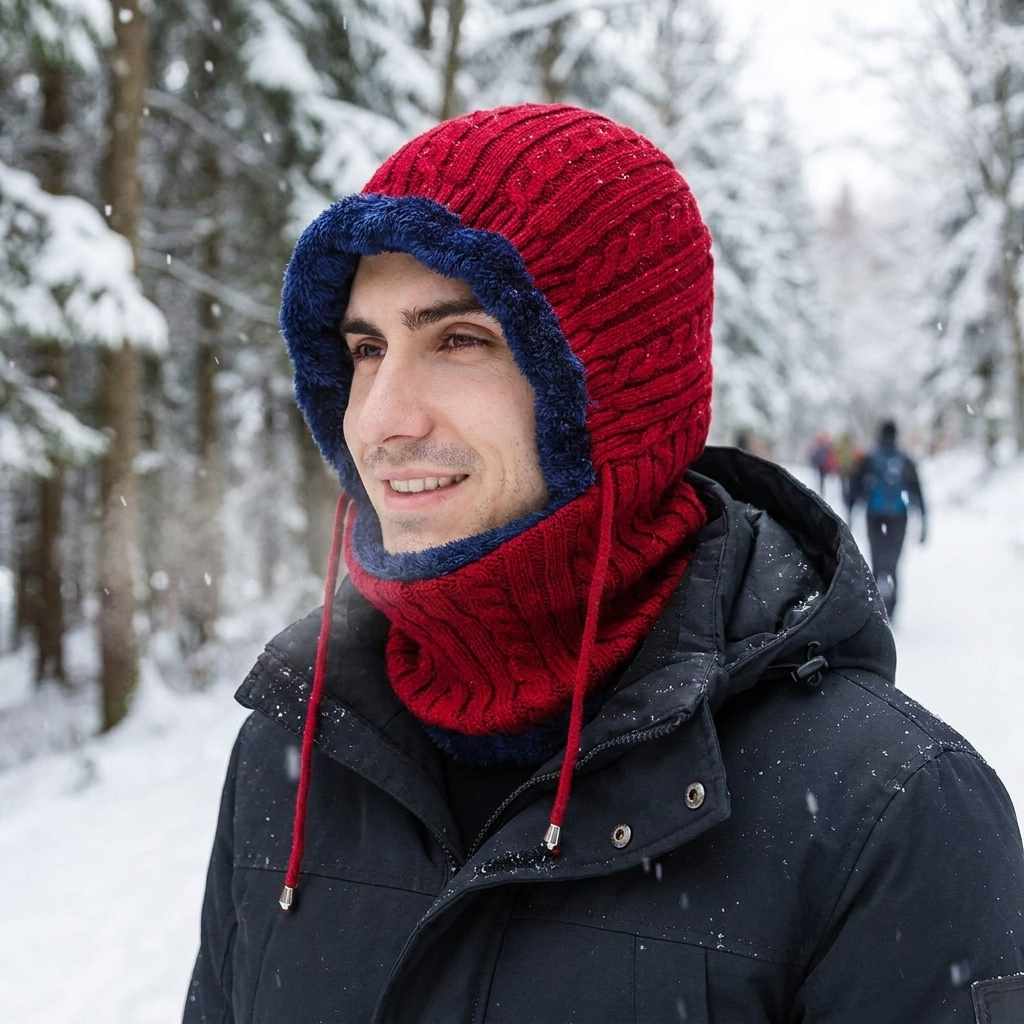 Winter knit hat balaclava with scarf lifestyle