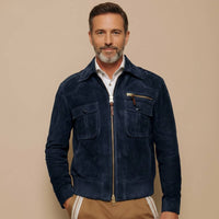 Men's Retro Lapel Zipper Breast Pocket Suede Jacket