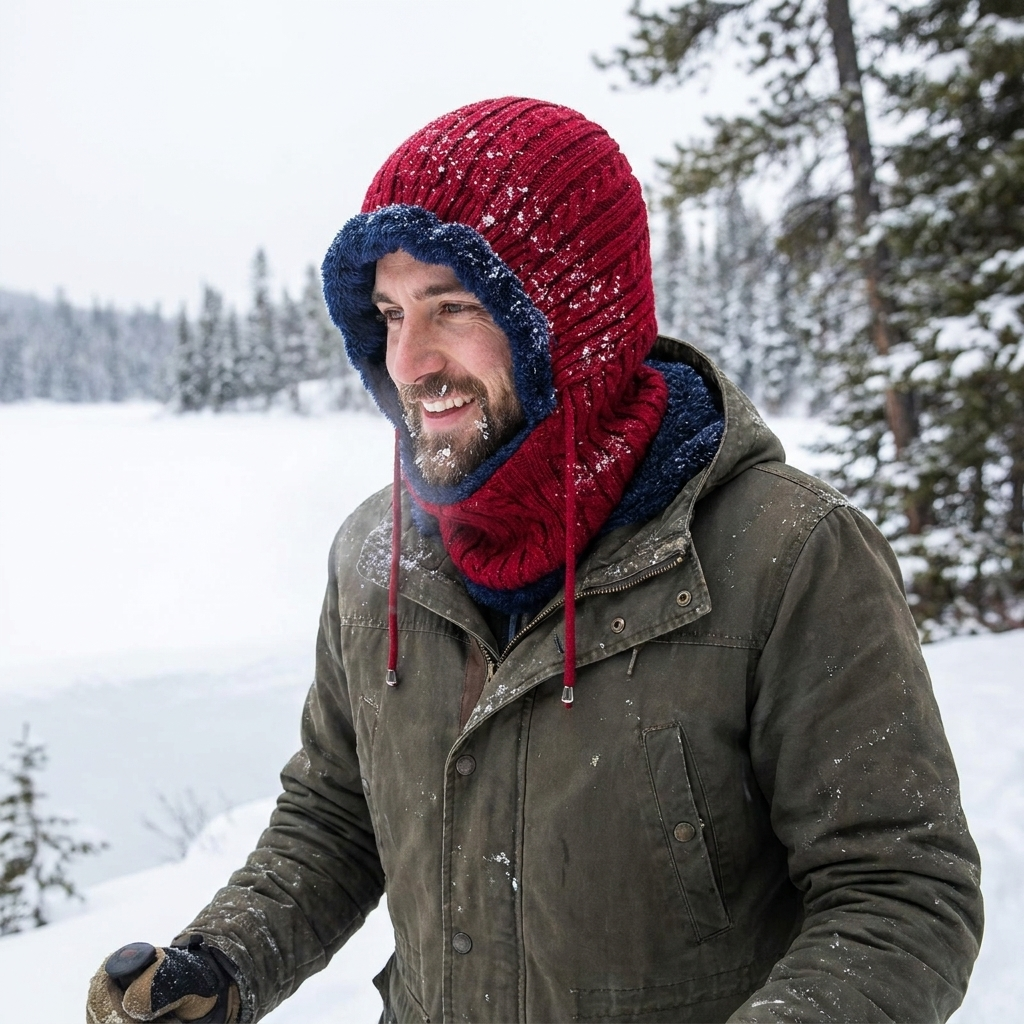 Winter knit balaclava hat with scarf, lifestyle