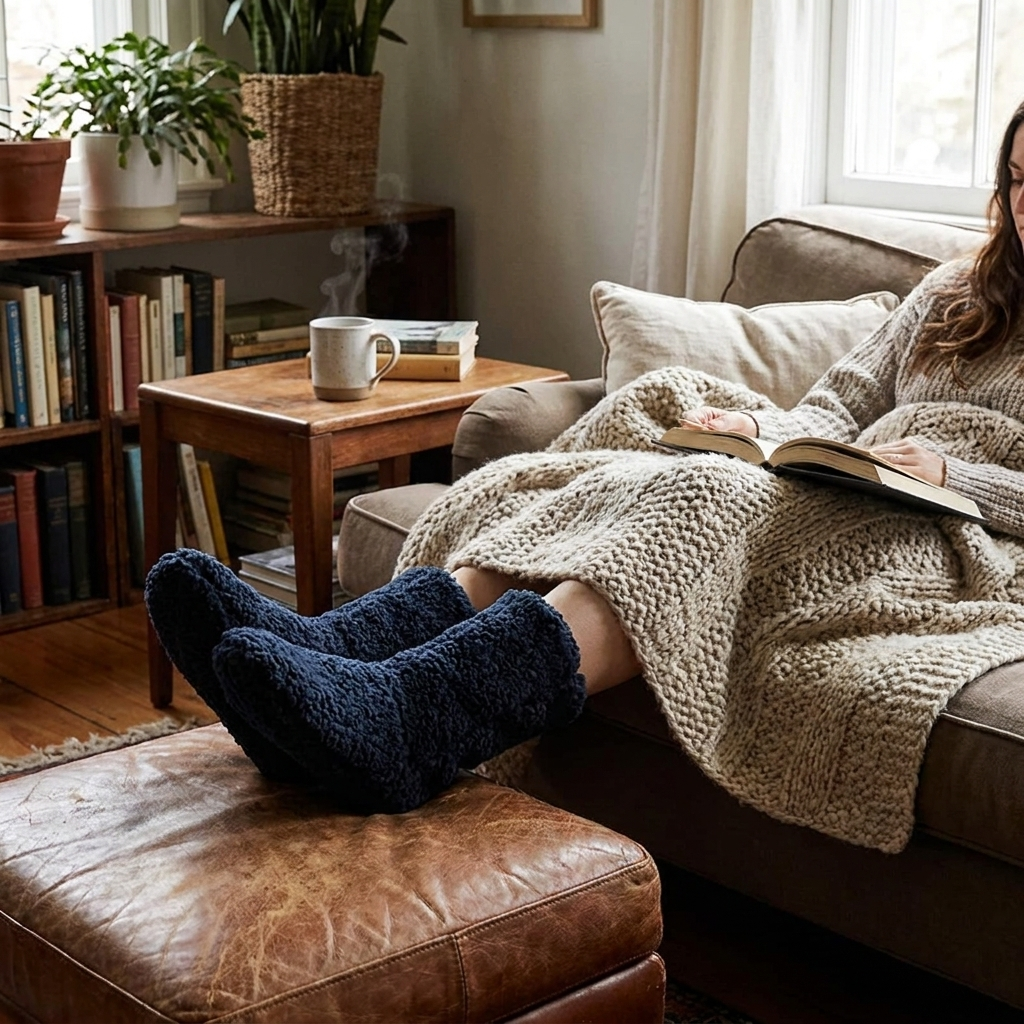 Plush indoor warm winter socks, lifestyle