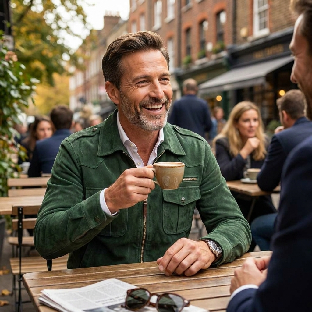 Mens retro suede jacket lifestyle