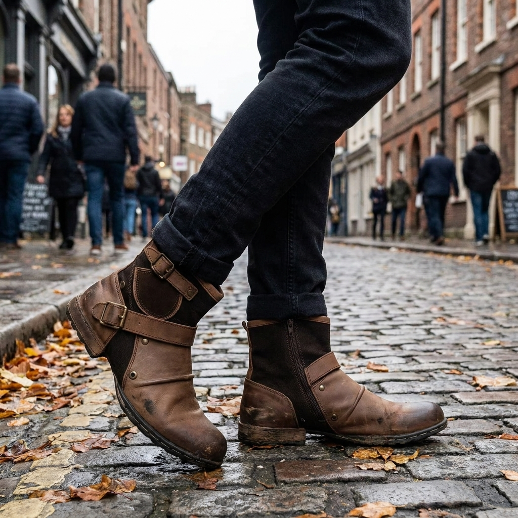 Men's vintage buckled ankle boots, lifestyle