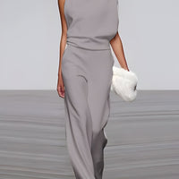 Women's round-neck, sleeveless jumpsuit with flared legs