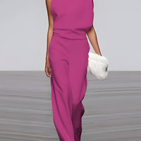 Women's round-neck, sleeveless jumpsuit with flared legs