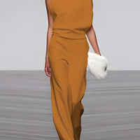 Women's round-neck, sleeveless jumpsuit with flared legs