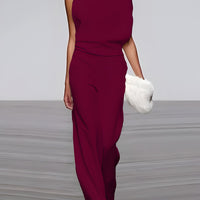 Women's round-neck, sleeveless jumpsuit with flared legs