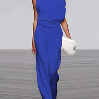 Women's round-neck, sleeveless jumpsuit with flared legs