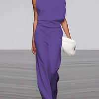 Women's round-neck, sleeveless jumpsuit with flared legs