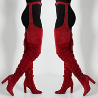 Women Faux Suede Thigh High Waist Belt Chunky High Heel Slouch Boots | Over The Knee Waist Belted Boots