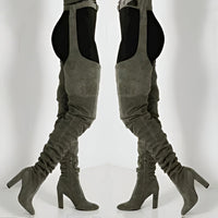 Women Faux Suede Thigh High Waist Belt Chunky High Heel Slouch Boots | Over The Knee Waist Belted Boots